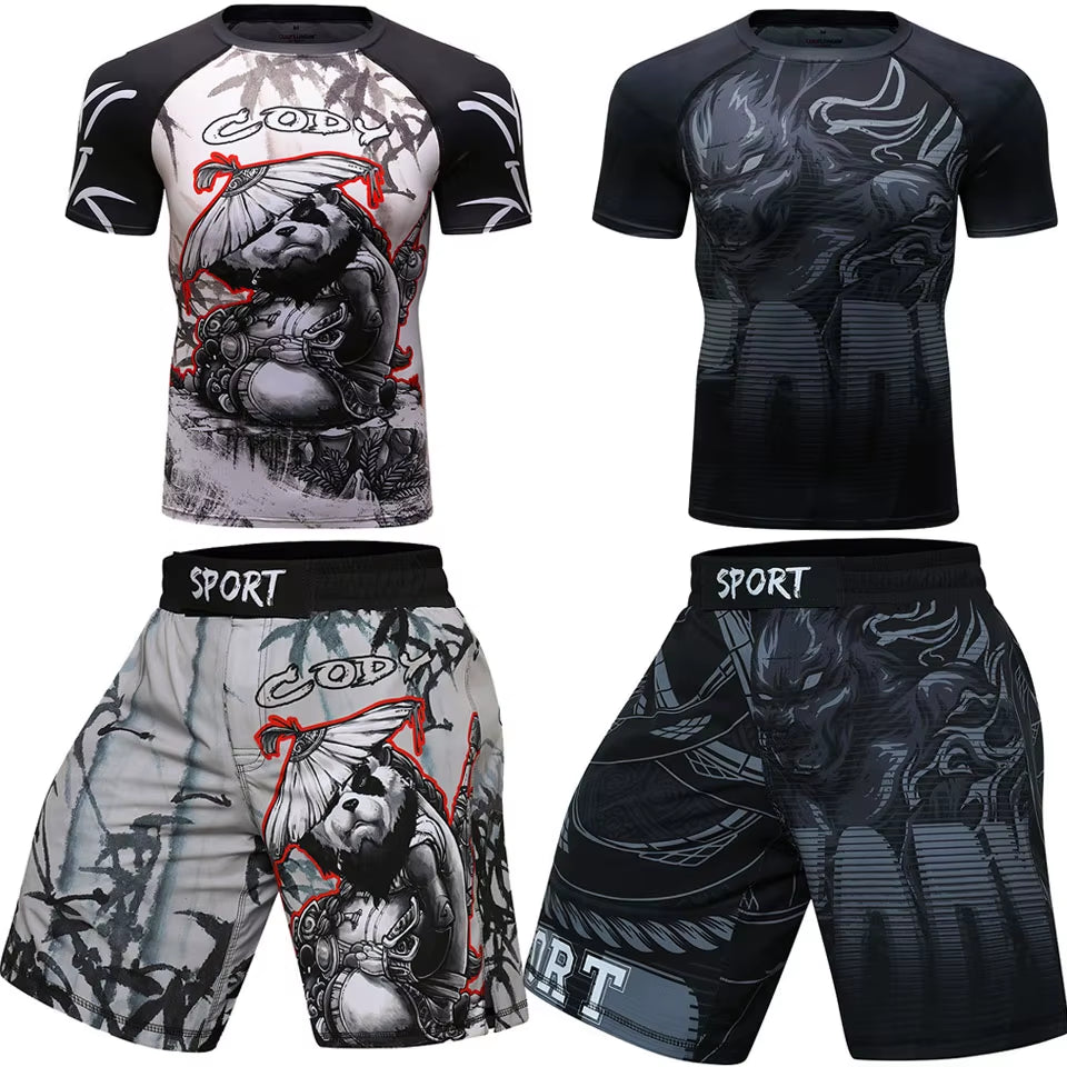 MMA BJJ GI Rashguard T Shirts+Muay Thai Shorts Rash Guard Clothing Boxing Jerseys MMA Compression T-Shirt Men Kickboxing Sets