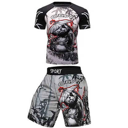 MMA BJJ GI Rashguard T Shirts+Muay Thai Shorts Rash Guard Clothing Boxing Jerseys MMA Compression T-Shirt Men Kickboxing Sets
