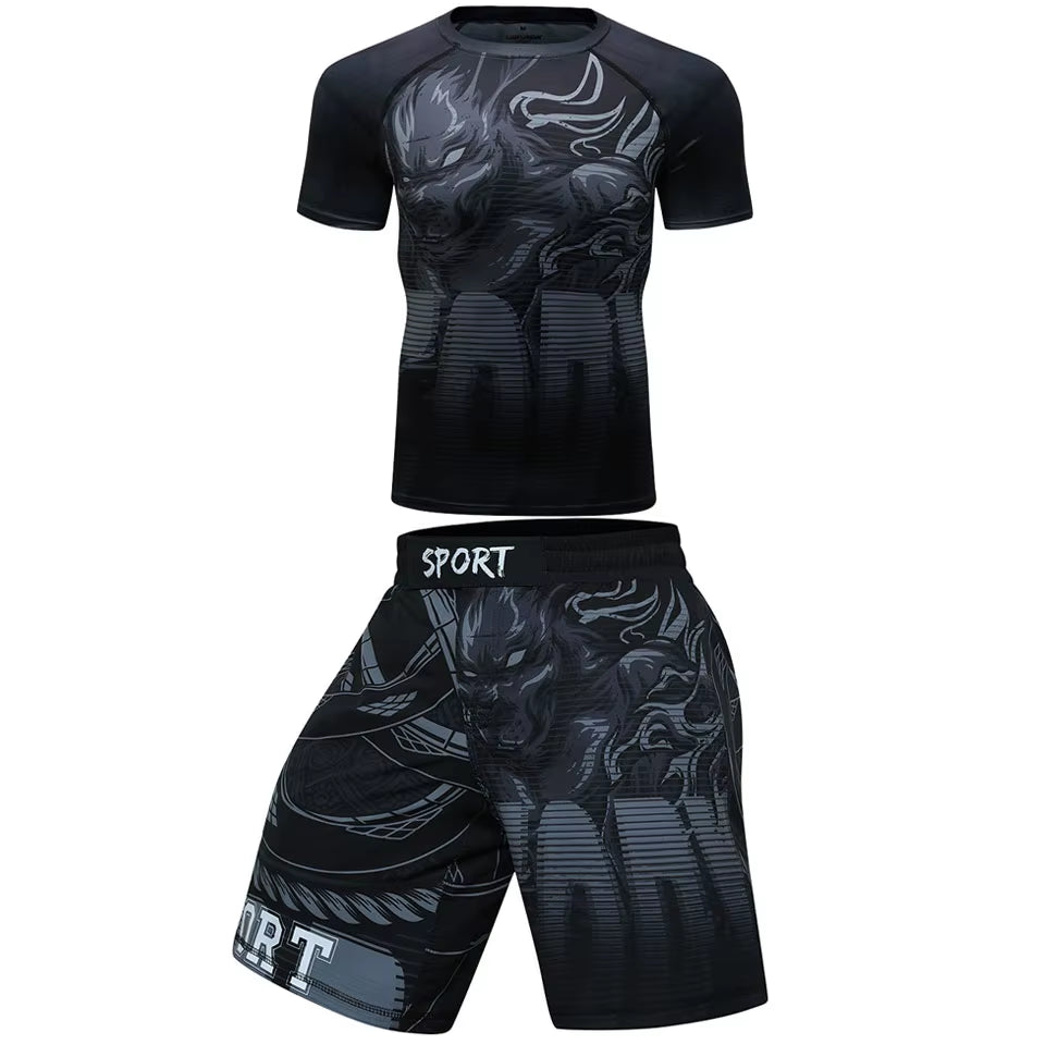 MMA BJJ GI Rashguard T Shirts+Muay Thai Shorts Rash Guard Clothing Boxing Jerseys MMA Compression T-Shirt Men Kickboxing Sets