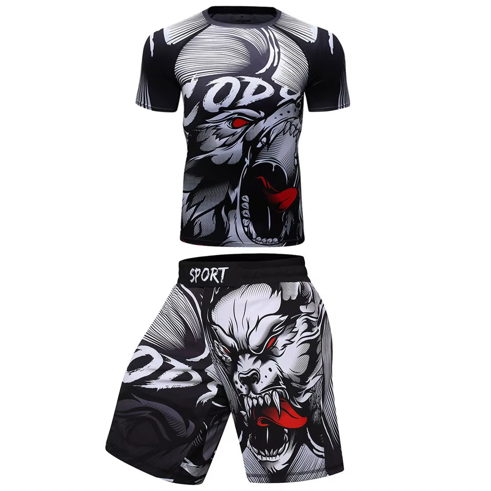 MMA BJJ GI Rashguard T Shirts+Muay Thai Shorts Rash Guard Clothing Boxing Jerseys MMA Compression T-Shirt Men Kickboxing Sets