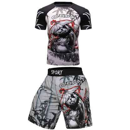 MMA BJJ GI Rashguard T Shirts+Muay Thai Shorts Rash Guard Clothing Boxing Jerseys MMA Compression T-Shirt Men Kickboxing Sets